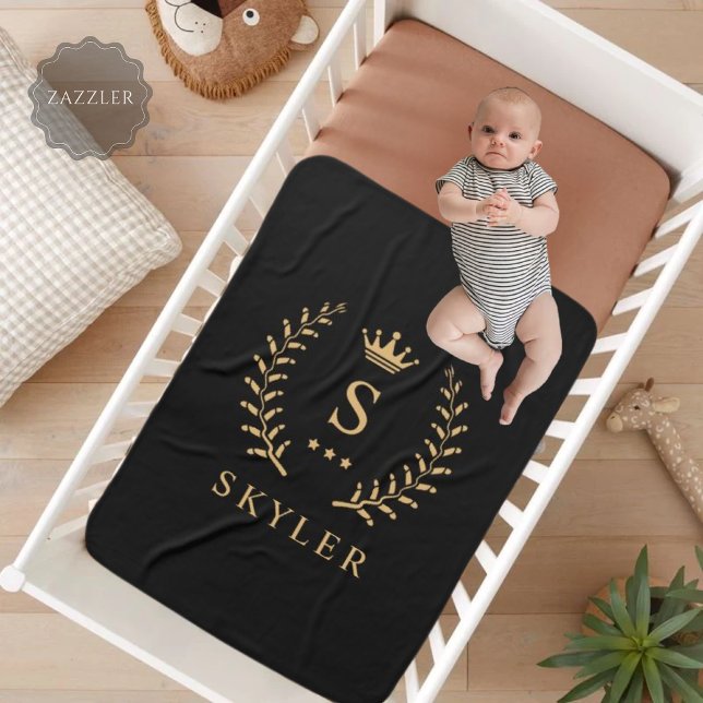 Couverture Polaire Nom de la Personnaliser et premier monogramme noir (Customize Name & Initial Black White Gold Monogram Fleece Blanket)