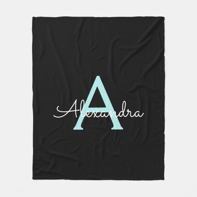 Couverture Polaire Nom de monogramme girly bleu sarcelle aqua écritur (Devant)