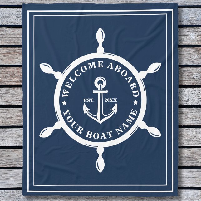 Couverture Polaire Nom du bateau sur mesure nautique Ancre Roue Marin (Nautical Custom Boat Name Anchor Wheel Navy Blue Fleece Blanket)