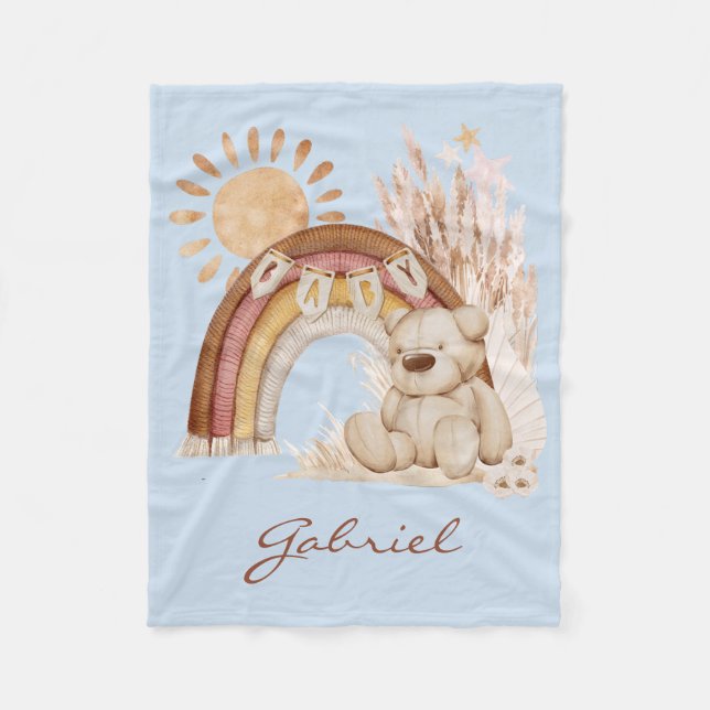 Couverture Polaire Nom du bébé customisé Boho Teddy Bear Rainbow (Devant)