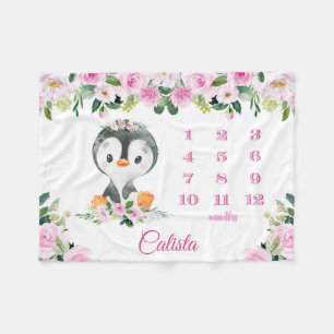 Couverture Polaire Nom du bébé rose floral Jalon mensuel Pingouin