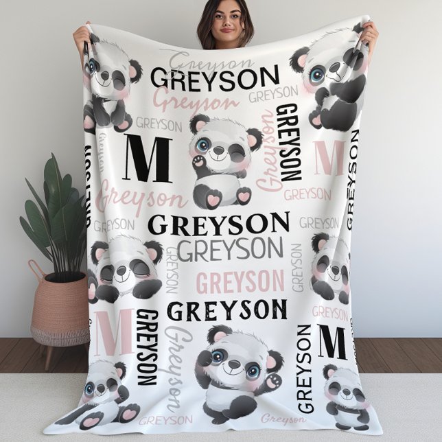 Couverture Polaire Nom du collage personnalisé Panda Fleece Blanket (Personalized Collage Name Panda Fleece Blanket)