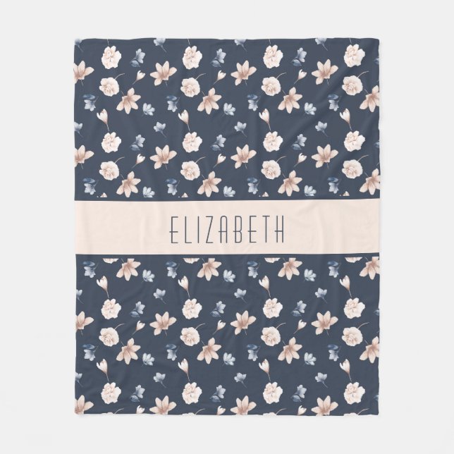 Couverture Polaire Nom du monogramme Blush Rose Navy Blue Floral (Devant)