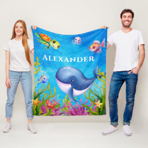 Couverture Polaire Nom du monogramme mignon Tortue de mer côtière et 