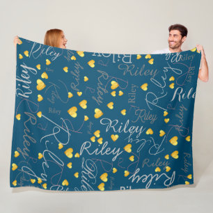 Couverture Polaire Nom et coeur d'or répliqués sur bleu