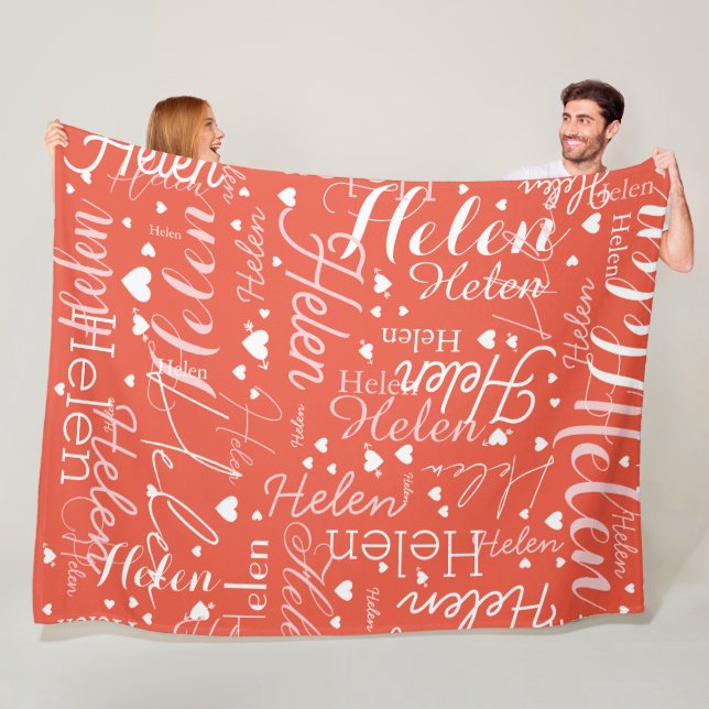 Couverture Polaire Nom et Coeurs répétés partout Orange Rouge (En situation)