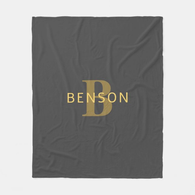 Couverture Polaire Nom et monogramme élégant | Or et gris foncé (Devant)