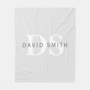 Couverture Polaire Nom et monogramme modernes Blanc gris clair et f