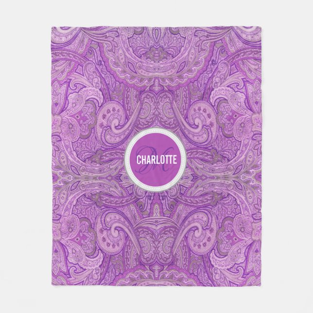 Couverture Polaire Nom monogramme Paisley violet (Devant)