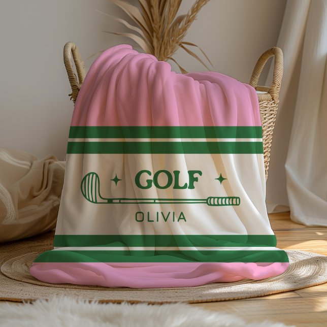 Couverture Polaire Nom personnalisé Amateur de golf rose et vert (Créateur téléchargé)