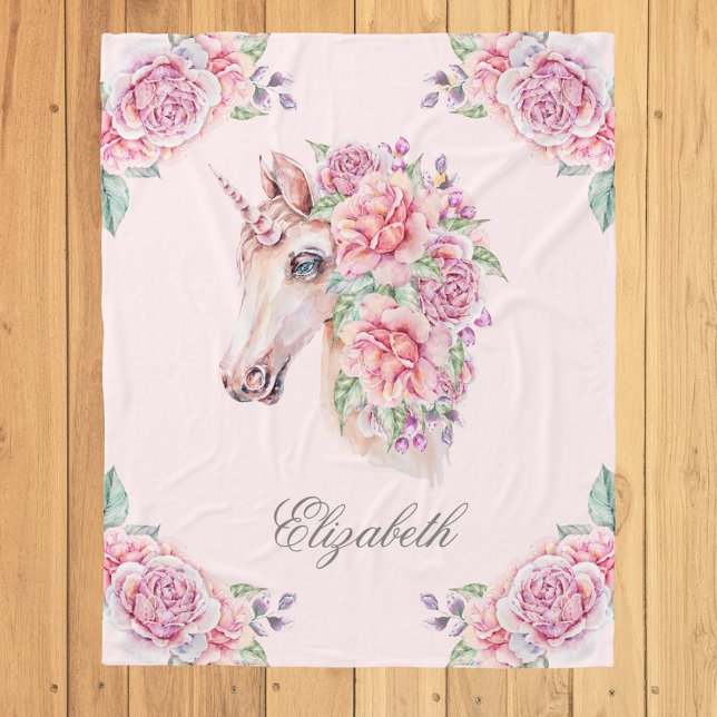 Couverture Polaire Nom personnalisé Aquarelle rustique Floral Unicorn (Créateur téléchargé)