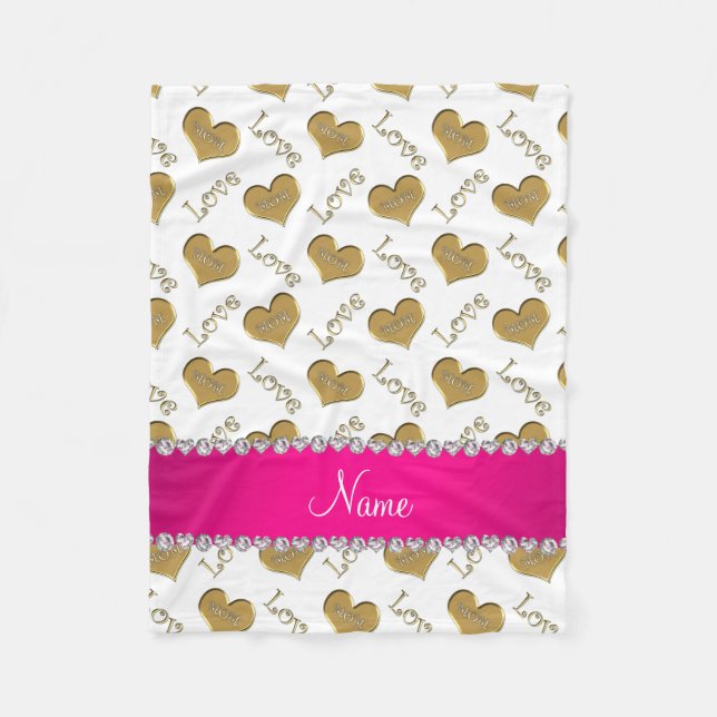 Couverture Polaire Nom personnalisé blanc or coeurs maman amour (Devant)
