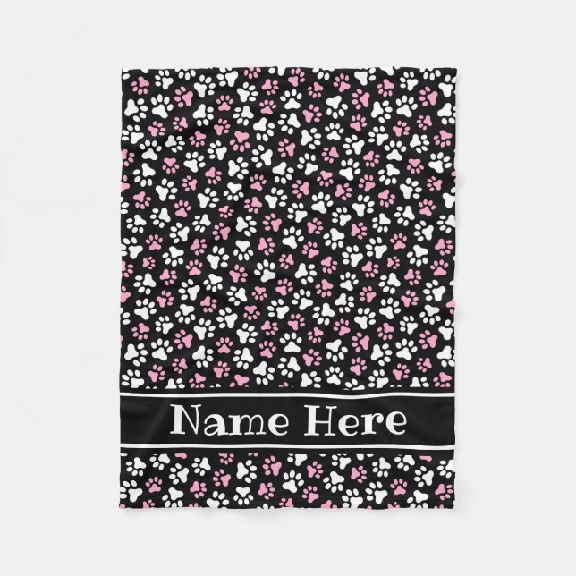 Couverture Polaire Nom personnalisé blanc rose sur motif empreinte de (Devant)