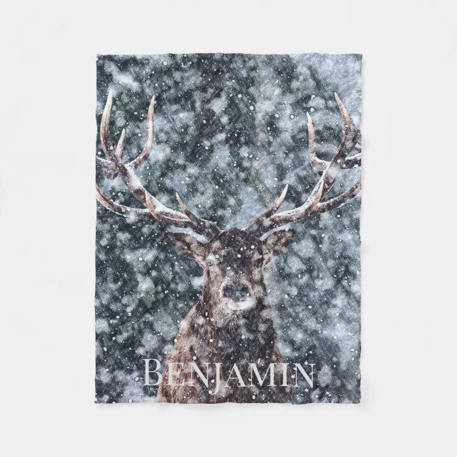 Couverture Polaire Nom personnalisé Cerf de neige d'hiver (Devant)
