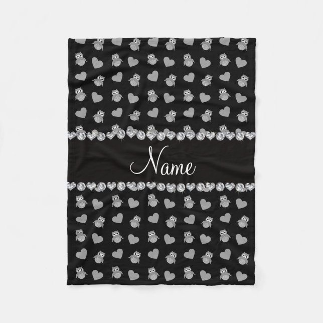 Couverture Polaire Nom personnalisé coeurs de chouette noire (Devant)