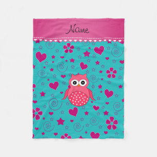 Couverture Polaire Nom personnalisé hibou rose turquoise coeurs roses