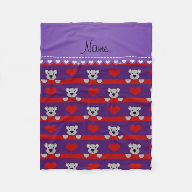 Couverture Polaire Nom personnalisé koalas rouge coeurs rayures (Devant)