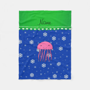 Couverture Polaire Nom personnalisé méduse rose bleu flocons de neige