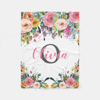 Couverture Polaire Nom personnalisé Monogramme Aquarelle Florale