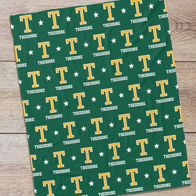 Couverture Polaire Nom personnalisé Monogramme Star Gold Green (Créateur téléchargé)