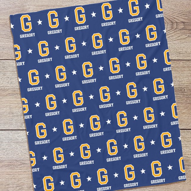 Couverture Polaire Nom personnalisé Monogramme Star Gold Navy (Créateur téléchargé)