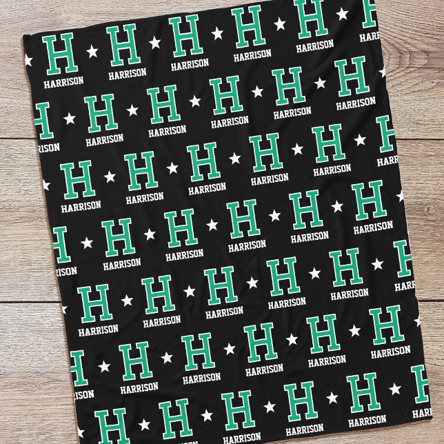 Couverture Polaire Nom personnalisé Monogramme Star Vert Noir (Créateur téléchargé)
