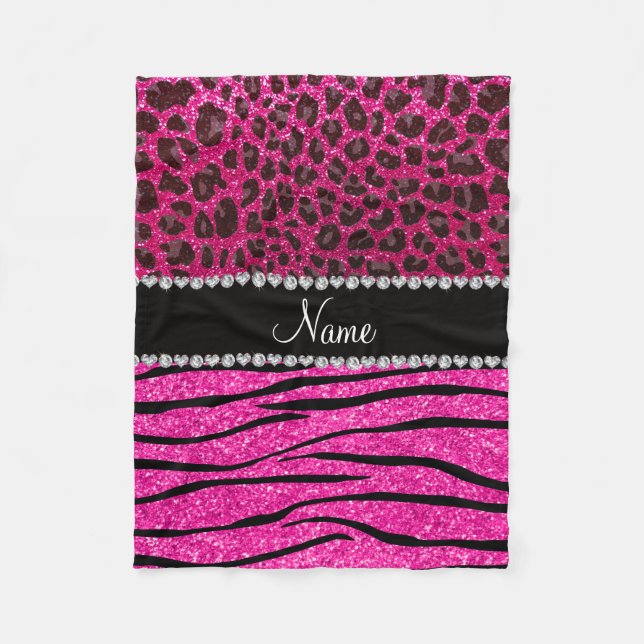Couverture Polaire Nom personnalisé néon rose chaud zèbre rayures léo (Devant)
