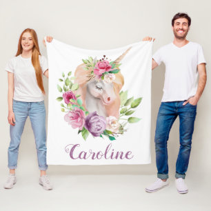 Couverture Polaire Nom personnalisé par licorne d'aquarelle