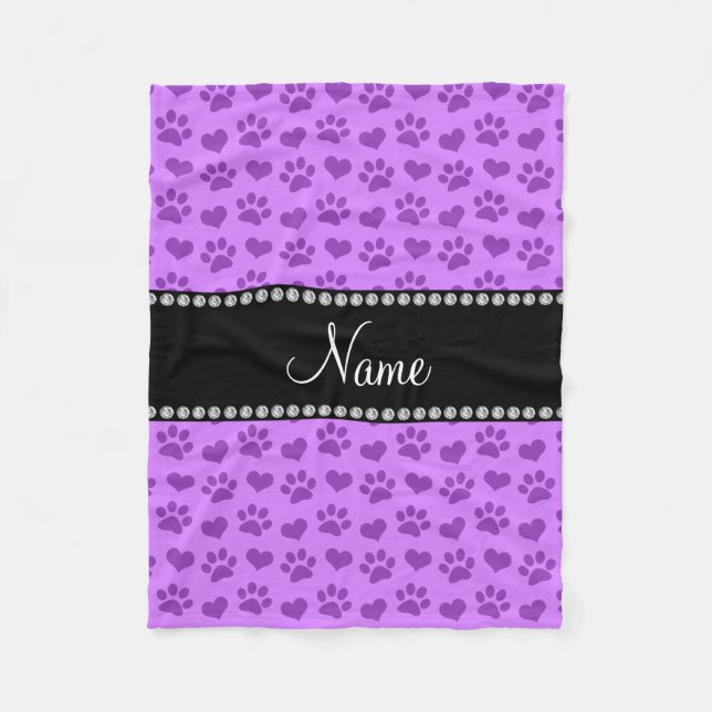 Couverture Polaire Nom personnalisé pastel violet coeurs et pattes (Devant)