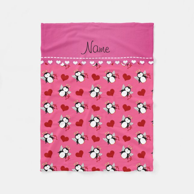 Couverture Polaire Nom personnalisé pingouins cupides rose coeur roug (Devant)