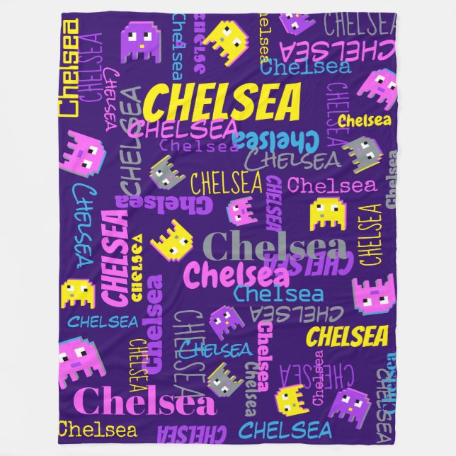 Couverture Polaire Nom personnalisé pixel jeu rose violet jaune fille (Devant)