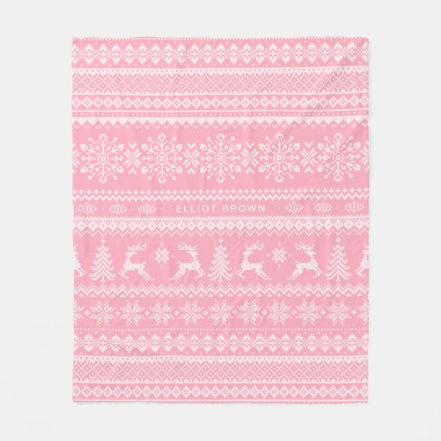 Couverture Polaire Nom personnalisé rose et blanc Chandail de Noël (Devant)
