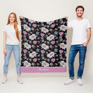 Couverture Polaire Nom personnalisé rose floral continu motif