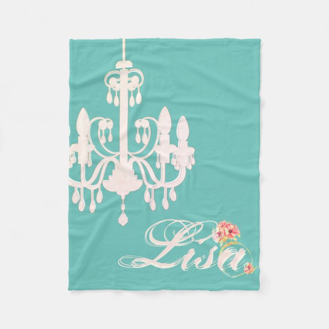 Couverture Polaire Nom personnalisé Turquoise avec lustre rose  (Devant)