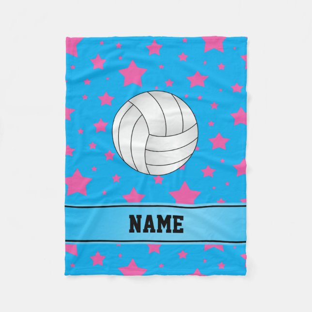 Couverture Polaire Nom personnalisé volleyball bleu rose étoiles (Devant)
