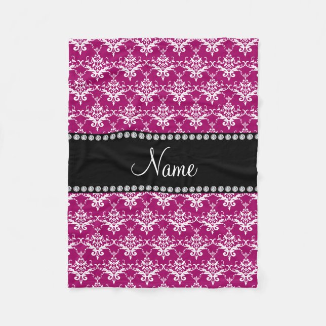 Couverture Polaire Nom personnel magenta rose blanc damask (Devant)