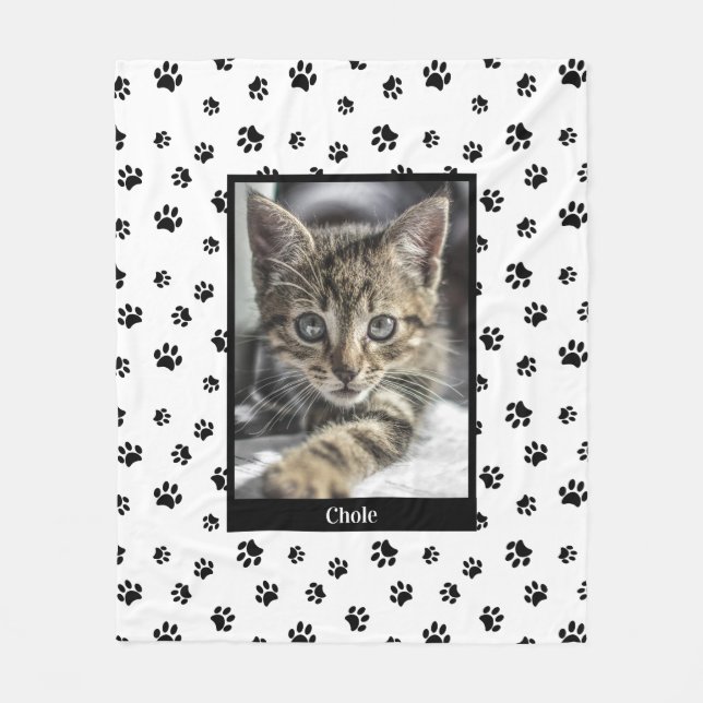 Couverture Polaire Nom photo de chat mignon Empreintes de pattes noir (Devant)