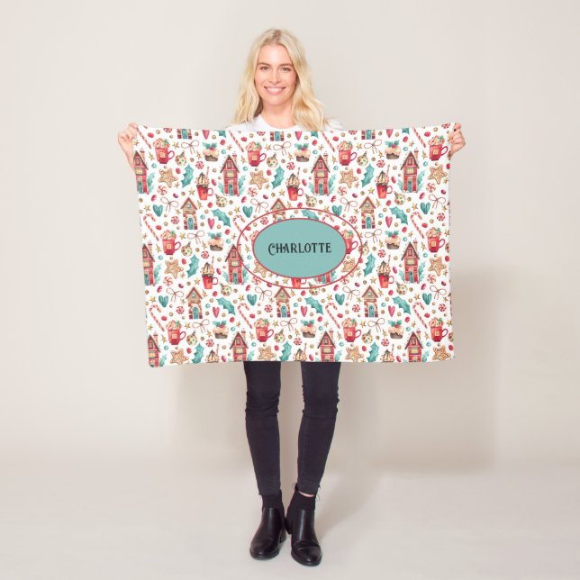 Couverture Polaire Nom Turquoise & Red Snowman, Sweets Fleece Blanket (En situation)