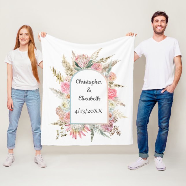 Couverture Polaire Noms de Mariages floraux roses personnalisés Dates (En situation)