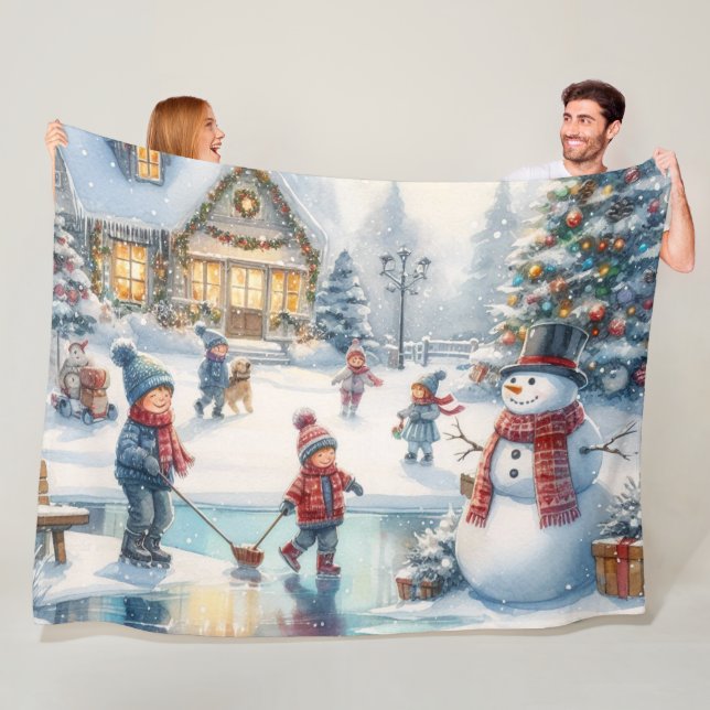 Couverture Polaire Nostalgique Enfants Patinage Noël Toison Blanche (En situation)