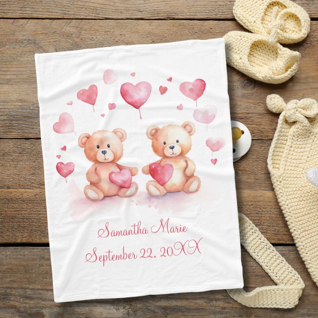 Couverture Polaire Nounours personnalisé Coeurs rouges roses bébé (Personalized Teddy Bears Red Hearts Baby Blanket for baby girl. New baby gift Baby shower gift)