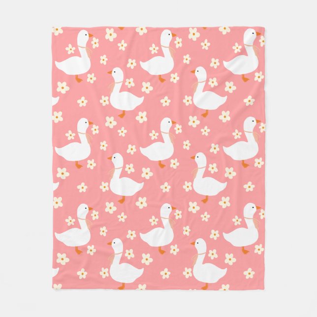 Couverture Polaire Oie blanche et marguerites Merci rose (Devant)