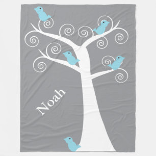 Couverture Polaire Oiseaux bleus fantaisistes arbre gris tourbillonna