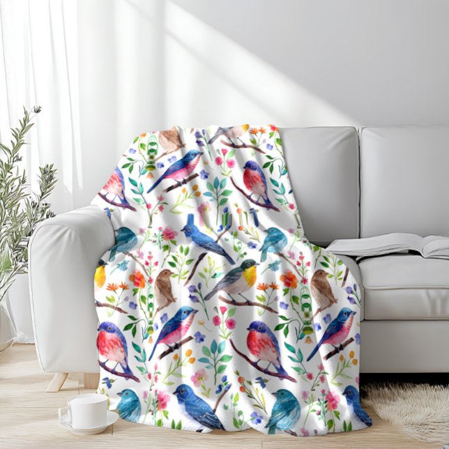 Couverture Polaire Oiseaux colorés et Fleurs Whimsical Motif (Créateur téléchargé)