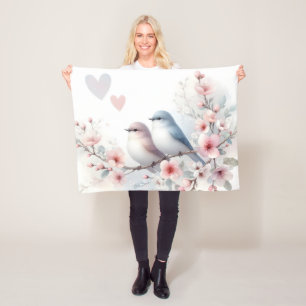 Couverture Polaire Oiseaux de l'amour romantique Branche de fleurs de
