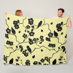 Couverture Polaire Oiseaux en fleurs de cerises Noir sur citron Jaune