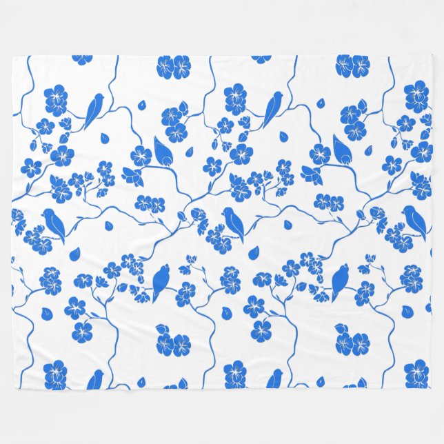 Couverture Polaire Oiseaux en fleurs de cerisiers Bleu Imprimer (Devant (Horizontal))