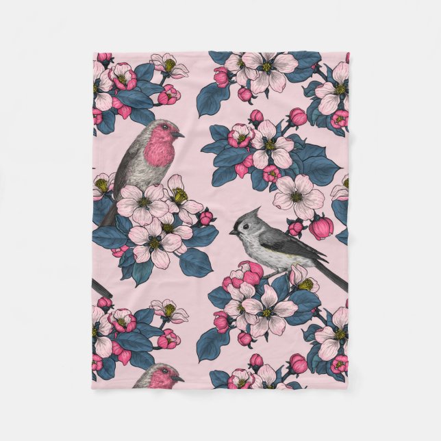 Couverture Polaire Oiseaux et fleurs roses (Devant)