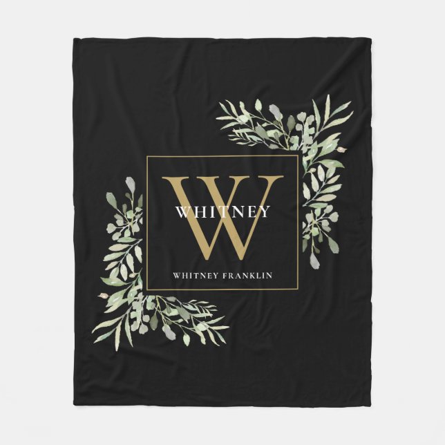 Couverture Polaire Or Monogramme Aquarelle Vert Noir (Devant)