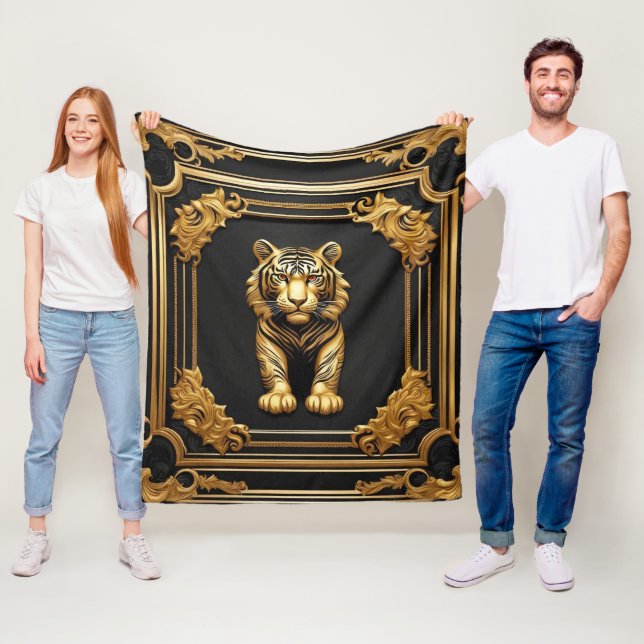 Couverture Polaire Or tigre et cadre ornemental noir (En situation)